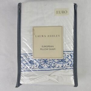 Laura Ashley Charlotte European Pillow Sham White Blue Embroidered Linen 26x26